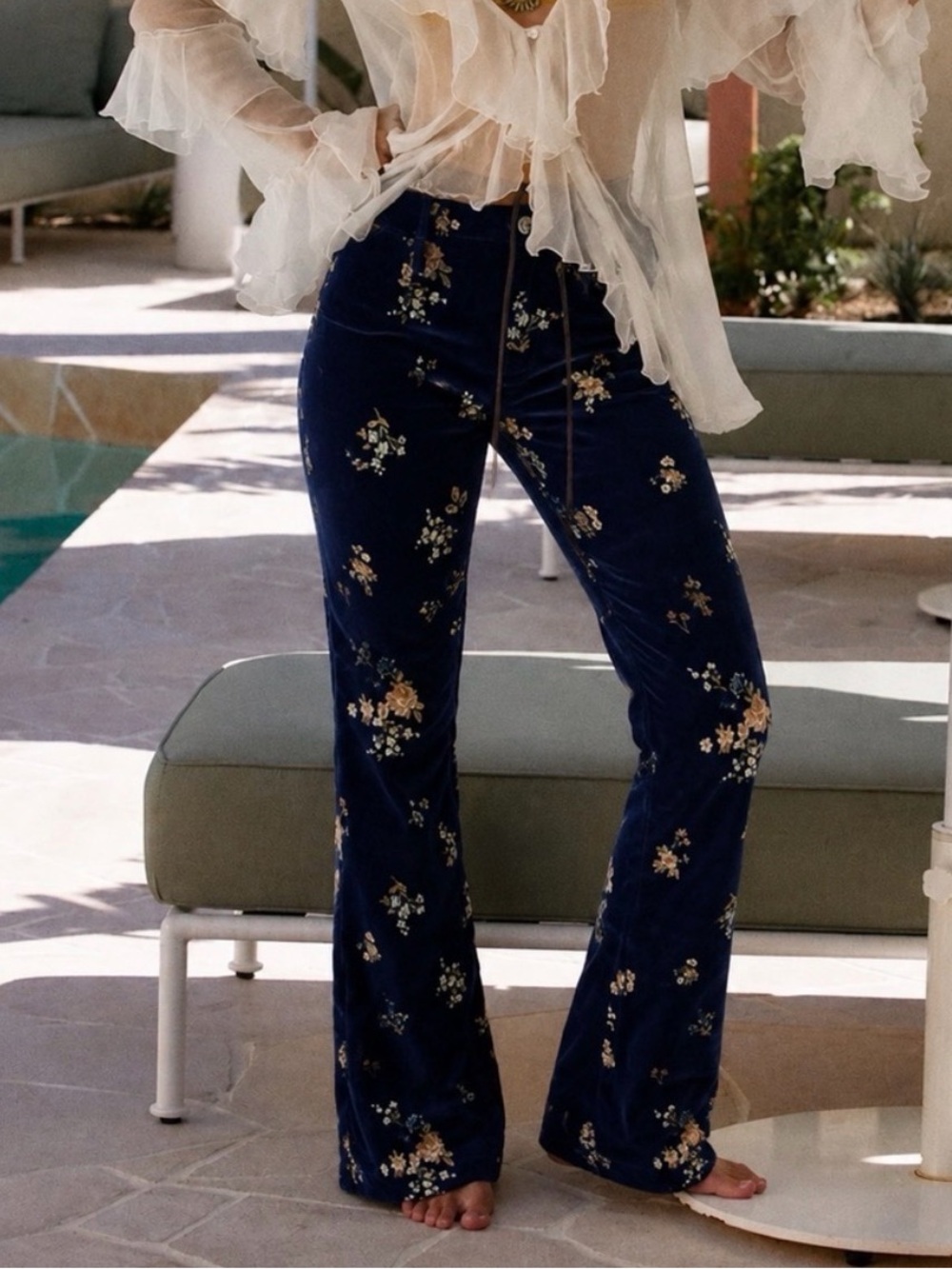 Free People Driftwood Wyatt Velvet Embroidered Floral Flare Pants Navy